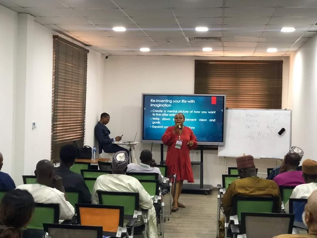 Mrs Oyinye presenting a paper on Regulatory/Statutory Documents at a Pre-Retirement Workshop organized by Instinct Resource Services Limited for the Nigerian Airspace Management Agency Retirees.